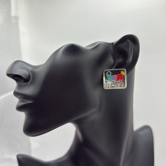 Laurel Burch Night Dog Aztec Square Stud Earrings Jewelry Collectible Cloisonne - Picture 3 of 7